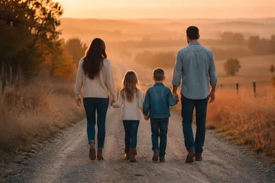 Family Walking Country Road at Sunset
