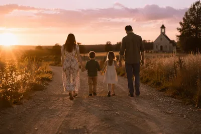 Family Walking Country Road at Sunset