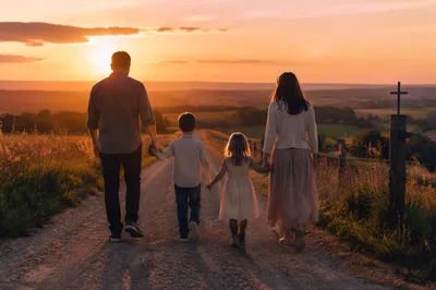 Family Walking Country Road at Sunset