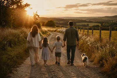 Family Walking Country Road at Sunset