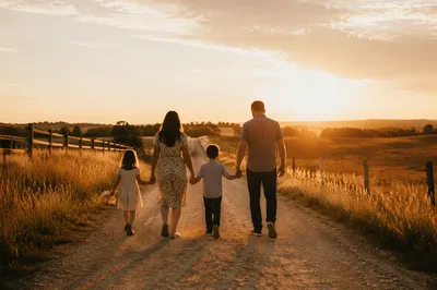 Family Walking Country Road at Sunset