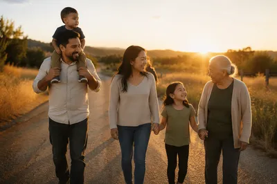 Multigenerational Family Walking at Sunset