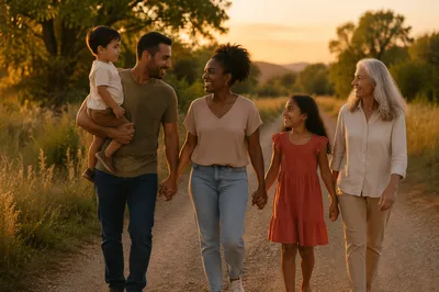 Multigenerational Family Walking at Sunset