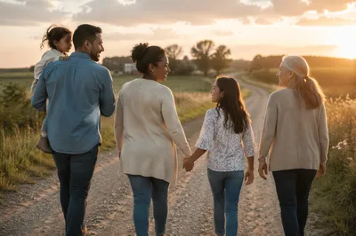 Multigenerational Family Walking at Sunset