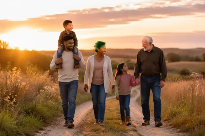 Multigenerational Family Walking on Country Road