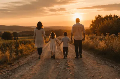 Family Walking Country Road at Sunset