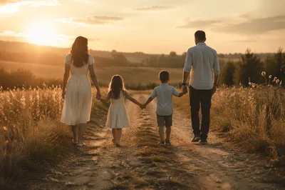 Family Walking Country Road at Sunset