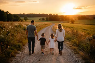 Family Walking Country Road at Sunset