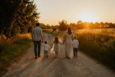 Family Walking Country Road at Sunset