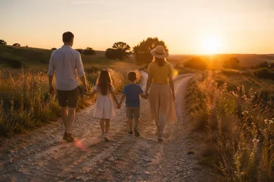 Family Walking Country Road at Sunset