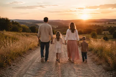 Family Walking Country Road at Sunset
