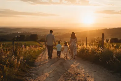Family Walking Country Road at Sunset