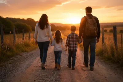 Family Walking Country Road at Sunset