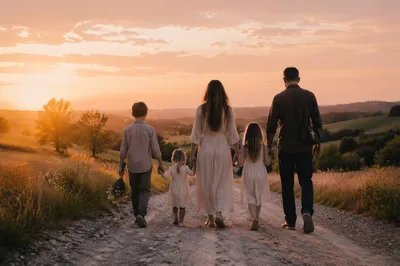 Faithful Family Walking Country Road at Sunset