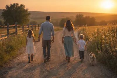 Family Walking Country Road at Sunset