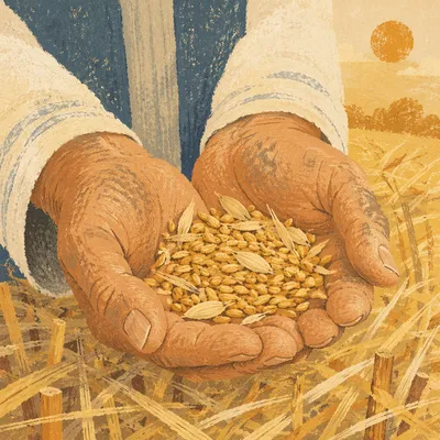 Prayerful Farmer Hands Holding Golden Seeds