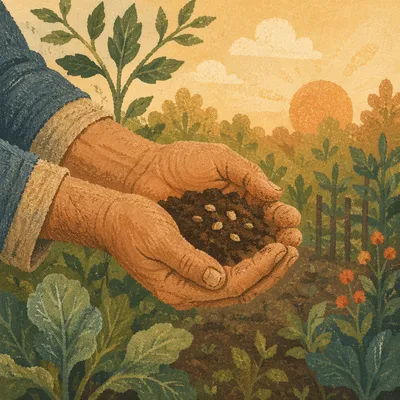 Praying Farmer Hands Holding Soil and Seeds