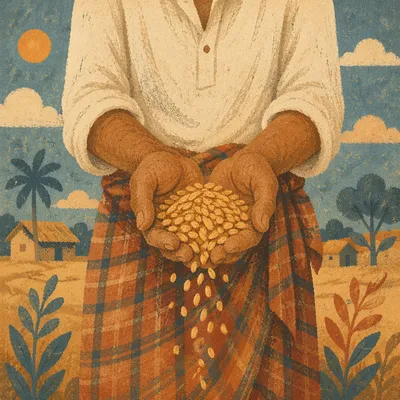 Farmer Hands Offering Golden Seeds in Prayer