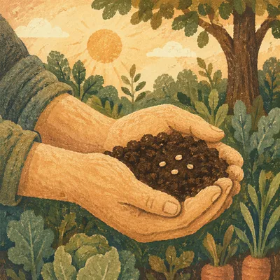 Prayerful Farmer Hands Holding Soil and Seeds