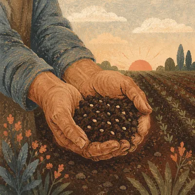 Farmer Hands Holding Seeds in Prayer