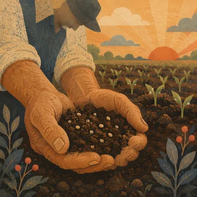 Farmer Hands Praying with Soil and Seeds