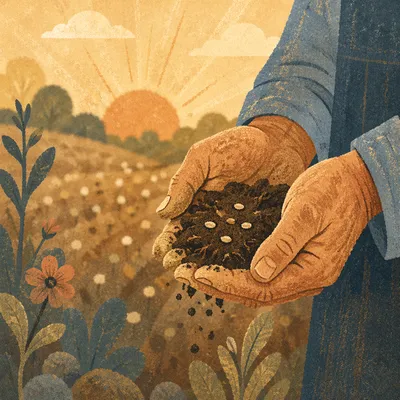 Prayerful Farmer Hands Holding Soil and Seeds