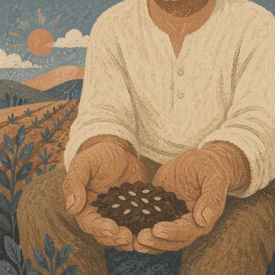 Prayerful Farmer Hands Holding Soil and Seeds