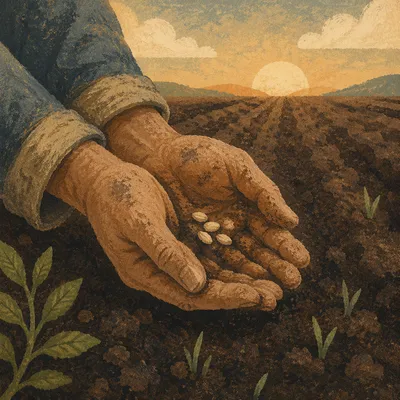 Praying Farmer Hands Holding Seeds in Soil