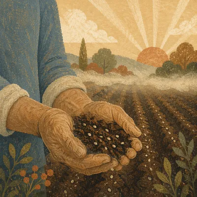 Prayerful Farmer Hands Holding Soil and Seeds