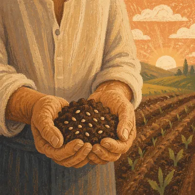Prayerful Farmer Hands Holding Soil and Seeds