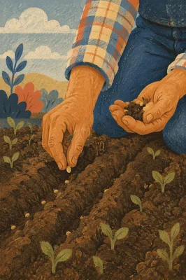Prayerful Farmer Hands Planting Garden Seeds