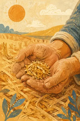 Praying Farmer Hands Holding Golden Seeds