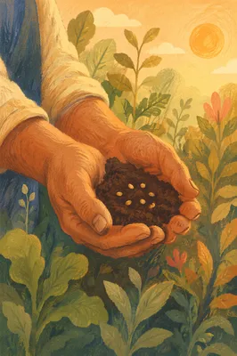 Farmer Hands Praying Over Soil and Seeds