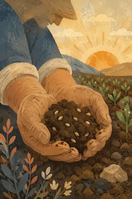 Farmer Hands Praying with Soil and Seeds