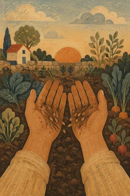 Prayerful Farmer Hands Holding Seeds in Soil