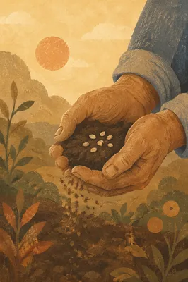 Praying Farmer Hands Holding Soil and Seeds