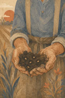 Prayerful Farmer Hands Holding Soil and Seeds