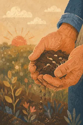 Prayerful Farmer Hands Holding Soil and Seeds