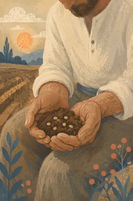 Prayerful Farmer Hands Holding Soil and Seeds