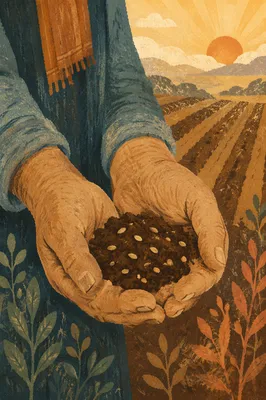 Praying Farmer Hands Holding Soil and Seeds