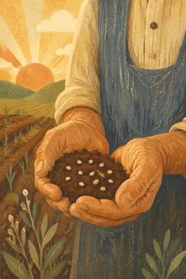 Prayerful Farmer Hands Holding Soil and Seeds