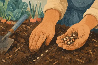 Prayerful Farmer Hands Planting Seeds