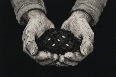 Praying Farmer Hands Holding Soil and Seeds