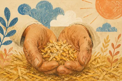Prayerful Farmer Hands Holding Golden Seeds