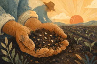 Farmer Hands Holding Seeds in Prayer