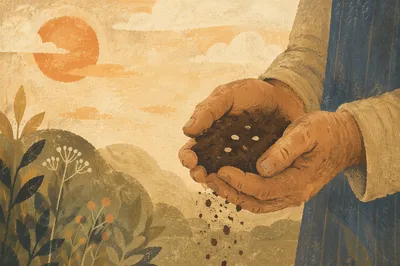 Praying Farmer Hands Holding Soil and Seeds