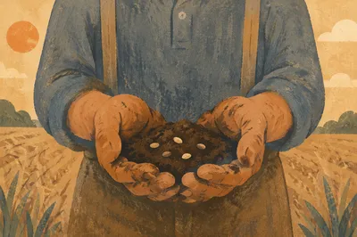 Farmer Hands Praying Over Soil and Seeds