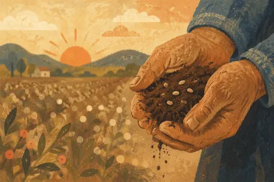 Prayerful Farmer Hands Holding Soil and Seeds