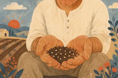 Prayerful Farmer Hands Holding Soil and Seeds