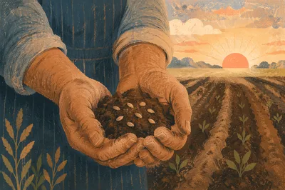 Praying Farmer Hands Holding Seeds and Soil